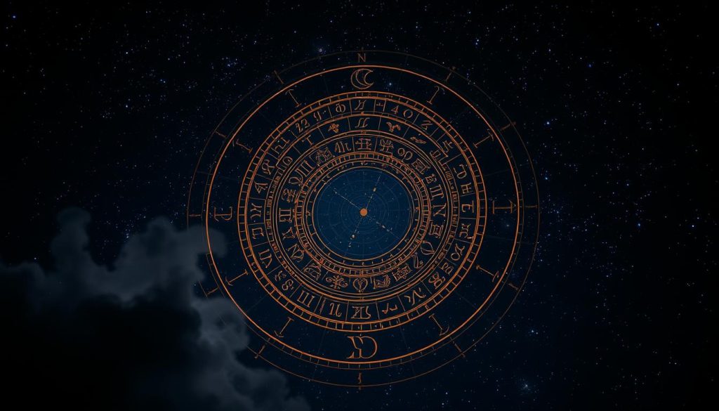 A detailed astrological chart floating in a mystical, starry night sky. In the foreground, a central zodiac circle surrounded by orbiting planetary symbols and celestial motifs, illuminated by a soft, warm glow. In the middle ground, wispy cloud-like formations and shimmering star fields. In the background, a deep indigo sky peppered with glittering constellations, creating an otherworldly, transcendent atmosphere. Dramatic chiaroscuro lighting casts dramatic shadows, imbuing the scene with a sense of ancient wisdom and esoteric power. Cinematic camera angle, slightly low and tilted upwards, to instill a sense of reverence and wonder.