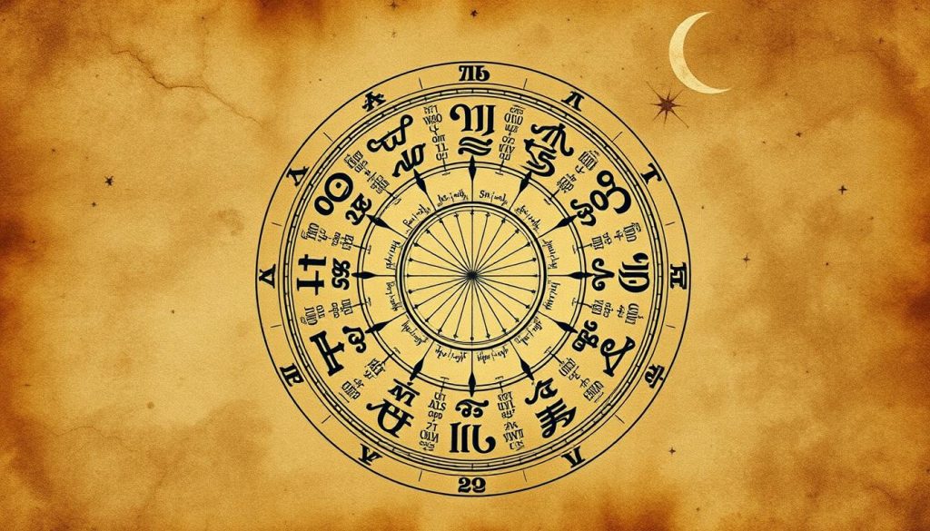 A detailed astrological forecast displayed on a vintage parchment-like background, with zodiac symbols, celestial motifs, and a sense of mystique. The foreground features a central circular design showcasing the daily horoscope predictions for the 12 astrological signs, rendered in a calligraphic, ornate style. The middle ground includes subtle textural elements, such as cracked textures and subtle grungy overlays, to evoke an antique aesthetic. The background contains a starry night sky with hints of planetary orbits, celestial bodies, and a crescent moon, creating a sense of cosmic wonder. The overall lighting is soft, with warm tones, to convey a contemplative, introspective mood.