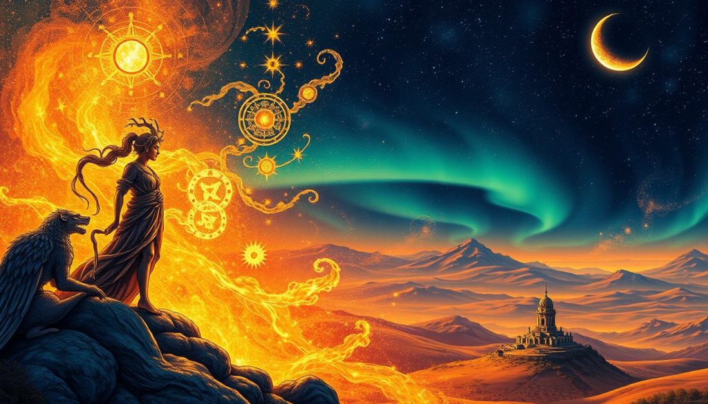 A detailed astrological illustration depicting a zodiac sign against a celestial backdrop. In the foreground, a central figure representing the zodiac sign, rendered with intricate, mythological details and symbols. Surrounding the figure, swirling cosmic elements such as glowing stars, nebulae, and celestial bodies, bathed in a warm, otherworldly light. In the middle ground, a landscape of rolling hills or mountainous terrain, with hints of ancient ruins or symbolic architecture. The background features a deep, starry sky with a crescent moon and shimmering aurora borealis, creating an enchanting, mystical atmosphere. The overall composition conveys a sense of timeless, astrological significance and the interconnectedness of the cosmos.
