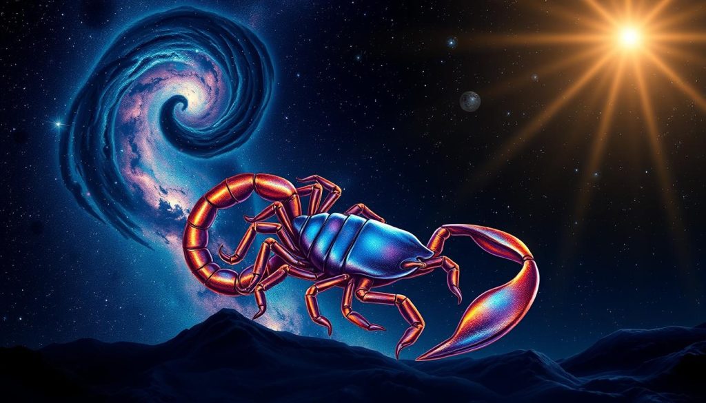 A detailed, astrological illustration of "Scorpio quick facts" set against a starry night sky. In the foreground, the Scorpio zodiac symbol is prominently displayed, its distinctive scorpion shape rendered in vibrant, iridescent hues. In the middle ground, key Scorpio personality traits are depicted as icons - intense, passionate, mysterious. The background features a cosmic landscape, with swirling galaxies, nebulae, and twinkling stars creating a sense of wonder and discovery. Dramatic lighting casts an otherworldly glow, while a vintage-inspired lens effect adds depth and character. The overall mood is one of intrigue, allure, and the exploration of the unknown.