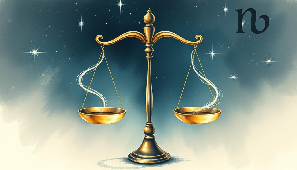 A detailed astrological illustration of the Libra zodiac sign, showcasing its harmonious and balanced essence. Depicted as a delicate scale, poised against a starry night sky, the artwork captures the sign's air element with wispy, ethereal brushstrokes. The scale's pans are adorned with subtle, ornamental details, hinting at Libra's appreciation for beauty and aesthetics. Soft, diffused lighting illuminates the composition, creating a serene and contemplative mood. The overall visual style blends realism with a touch of mysticism, befitting the astrological theme.