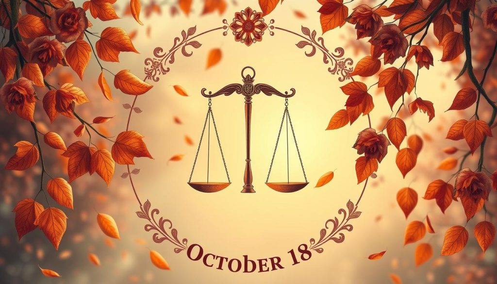 A detailed astrological illustration of the Libra zodiac symbol, capturing the essence of the October 18 birthdate. A serene, autumnal atmosphere with warm, earthy tones. The central focal point is a delicately balanced Libra scales, gracefully suspended against a backdrop of falling leaves and a softly lit, hazy sky. Intricate floral and celestial motifs frame the scales, reflecting the harmony and balance associated with the Libra sign. The overall composition conveys a sense of tranquility, contemplation, and the natural cycles that govern our lives.