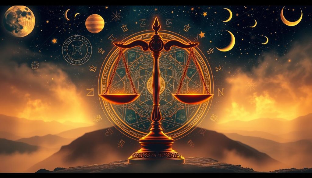 A detailed astrological scene featuring a vibrant Libra zodiac symbol, surrounded by a celestial array of planets, stars, and celestial motifs. The foreground showcases the Libra scales, elegantly balanced and illuminated by warm, diffused lighting. The middle ground features an intricate, starry night sky with crescent moons, comets, and other astrological elements. The background depicts a hazy, ethereal landscape with silhouetted mountains or cityscapes, creating a sense of depth and mystery. The overall mood is one of introspection, harmony, and the mystical nature of the cosmos, reflecting the Libra personality and the birthday horoscope theme.