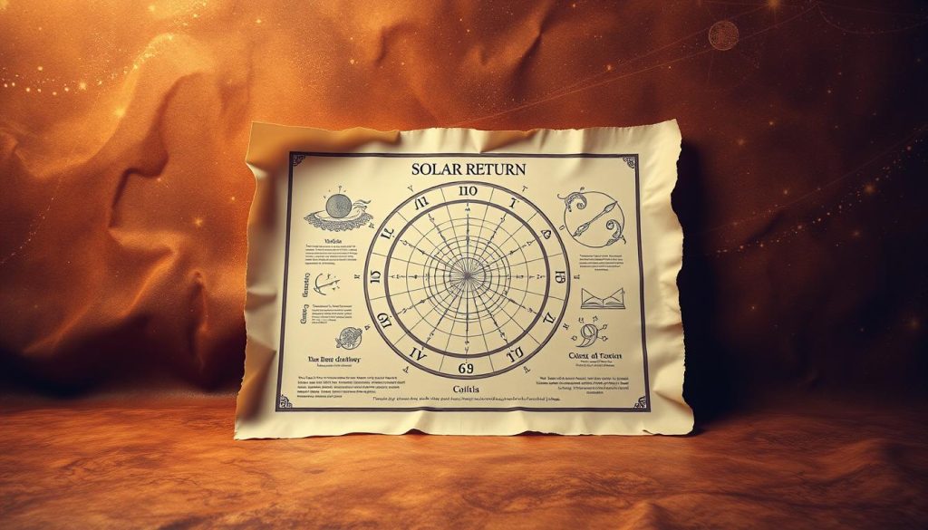 A detailed astrological "Solar Return" report against a cosmic backdrop, featuring a central chart or infographic surrounded by complementary celestial imagery. The report is displayed on a lush, textured parchment or paper-like surface, with soft lighting that casts a warm, contemplative mood. Delicate line art, zodiac symbols, and minimal typography accentuate the esoteric, mystical nature of the subject. The overall composition balances clarity of information with a sense of wonder and discovery, inviting the viewer to explore the hidden insights of one's personal astrological cycle.