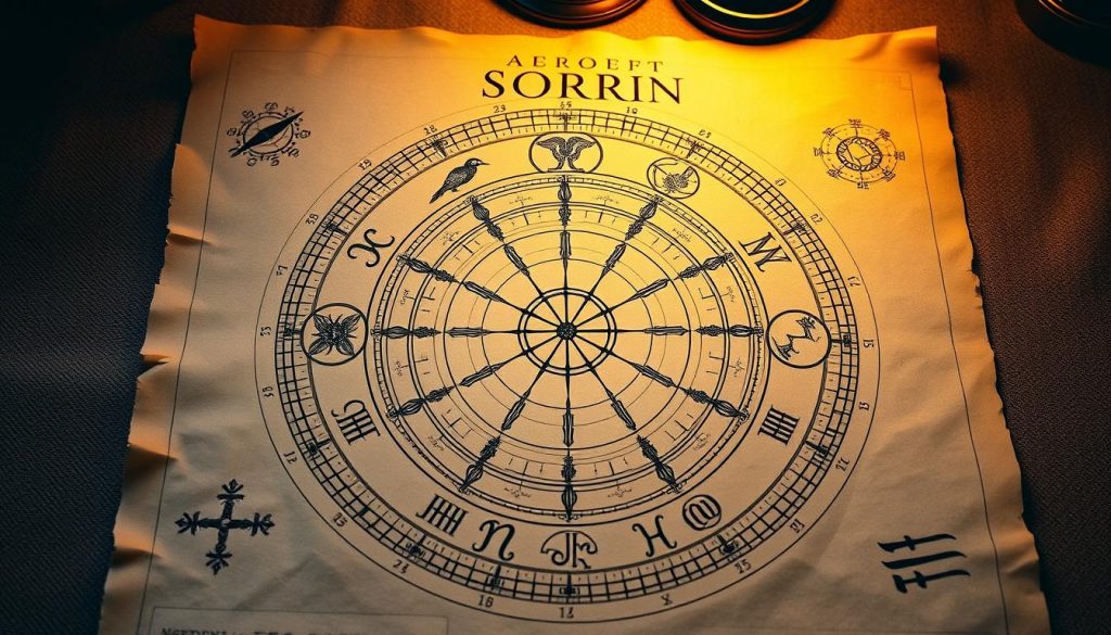 A detailed astrological Solar Return report displayed on a high-quality parchment-like surface, illuminated by soft, warm lighting from above. The report features intricate celestial illustrations, zodiac symbols, and meticulously hand-drawn calligraphic elements. The overall aesthetic evokes a sense of mysticism, wisdom, and timelessness, conveying the depth and significance of the information within.