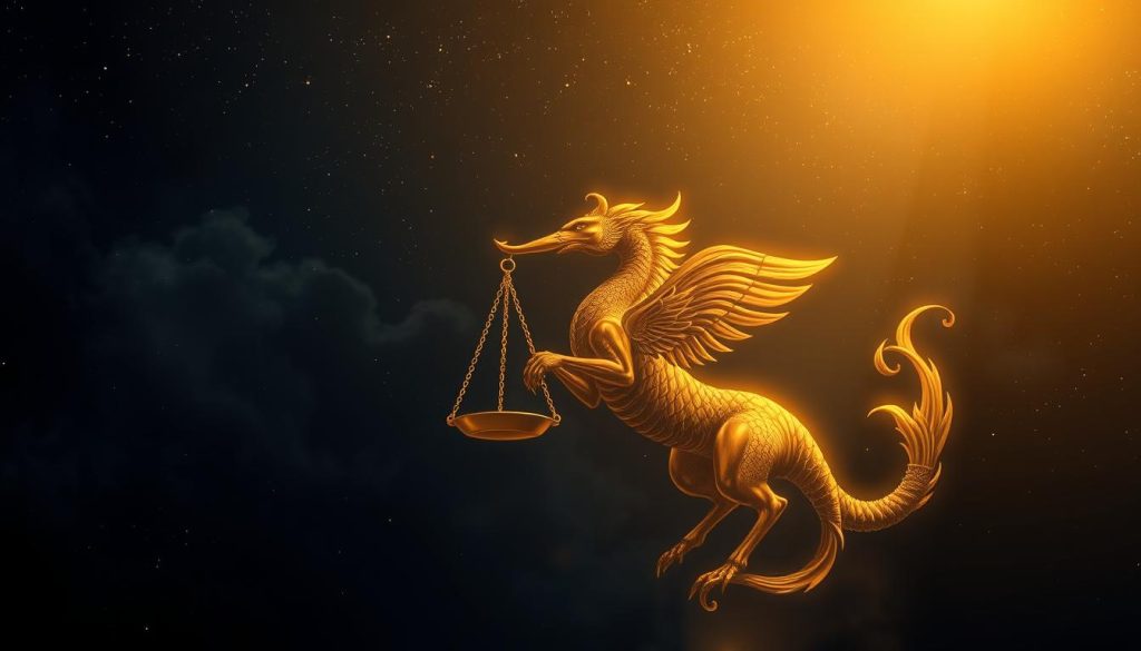 A detailed, astrologically-inspired illustration of the October 14 zodiac sign, framed against a moody, atmospheric background. In the foreground, a majestic, celestial creature representing the zodiac symbol - perhaps a dynamic, stylized depiction of the Libra scales, scales or an air-elemental figure. Bathed in warm, golden lighting and set against a deep, inky night sky scattered with twinkling stars. Wispy, ethereal clouds drift lazily in the background, adding to the mystical, otherworldly ambiance. Technical details like a medium-wide angle lens, balanced lighting, and a slightly low camera angle to imbue the subject with a sense of grandeur and significance.