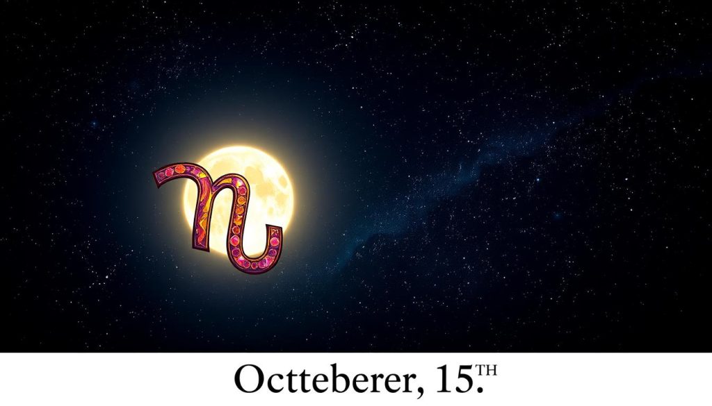 A detailed, illustrated zodiac symbol against a starry night sky. In the foreground, a vibrant, intricate astrological glyph representing the October 15th zodiac sign, rendered with precision and depth. The middle ground features a glowing full moon casting a soft, ethereal light across the scene. In the background, a sprawling night sky filled with twinkling stars and celestial bodies, creating a sense of cosmic wonder. Lighting is dramatic and moody, with deep shadows and highlights accentuating the mystical, astrological theme. The overall composition is balanced and visually striking, capturing the essence of the October 15th zodiac sign in a captivating, artistic manner.