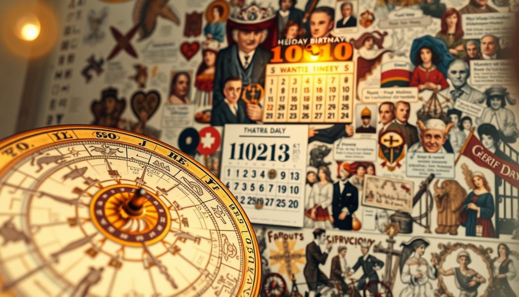 A detailed illustration of observances and zodiac details for a specific day in the United States, captured with a wide-angle lens and soft, ambient lighting. In the foreground, an astrological wheel adorned with celestial symbols and zodiac signs. In the middle ground, a calendar highlighting the date, along with various holiday icons and religious symbols. In the background, a collage of historical figures, famous birthdays, and cultural events associated with the day. The overall atmosphere is one of discovery and wonder, inviting the viewer to delve into the richness of the day's observances and astrological significance.