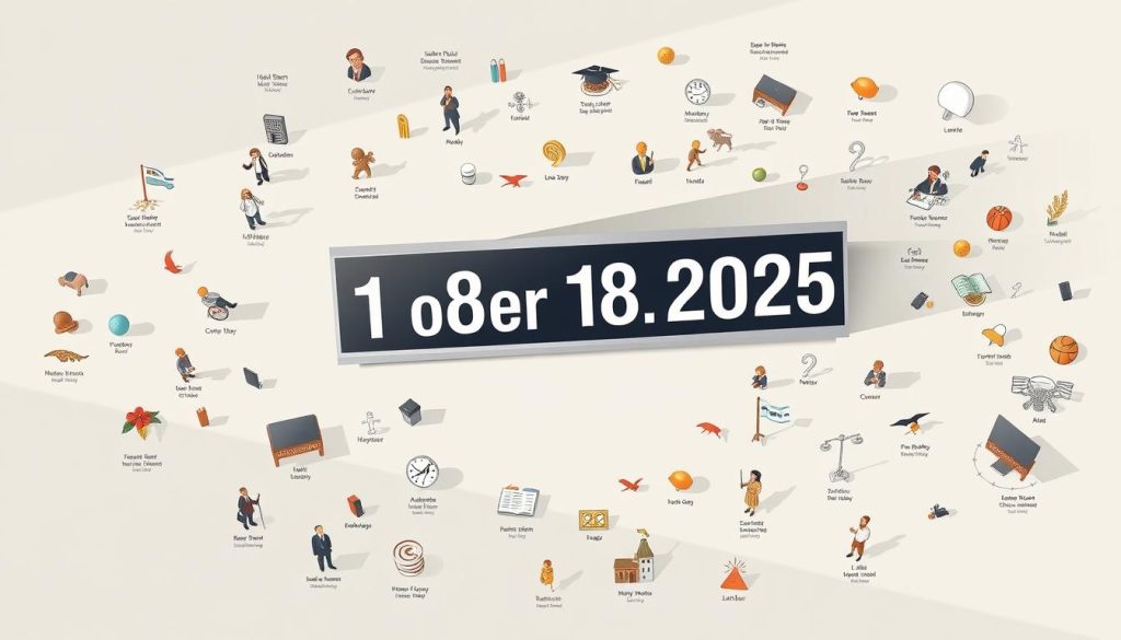 A detailed illustration showcasing the key facts and events of October 18, 2025 in the United States. The central focal point is a striking digital clock displaying the date "October 18, 2025" in a bold, readable font. Surrounding the clock, a collection of miniature icons and illustrations depict various notable happenings - from historical figures' birthdays to national holidays and astrological signs. The overall composition has a clean, infographic-style aesthetic with a neutral color palette of grays, whites, and subtle earth tones, conveying a sense of informative authority. Subtle lighting and realistic shadows add depth and dimension to the scene, while the camera angle provides an overhead, bird's-eye view for maximum visual impact and legibility.