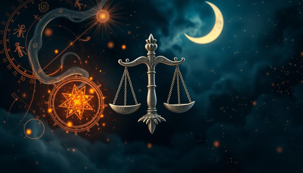 A detailed, lifelike illustration of western astrology featuring a central astrological symbol of the Libra zodiac sign in the foreground. The symbol is rendered in a metallic, textured style, set against a moody, atmospheric backdrop of swirling celestial elements - glowing stars, nebulae, and planetary orbs. The middle ground showcases elegant, ornate astrological motifs and symbols, evocative of ancient star charts and horoscopes. The background depicts a dimly lit, mystical night sky with a crescent moon and twinkling constellations, creating an otherworldly, mystical ambiance. Dramatic chiaroscuro lighting accentuates the dimensional, cinematic quality of the scene.