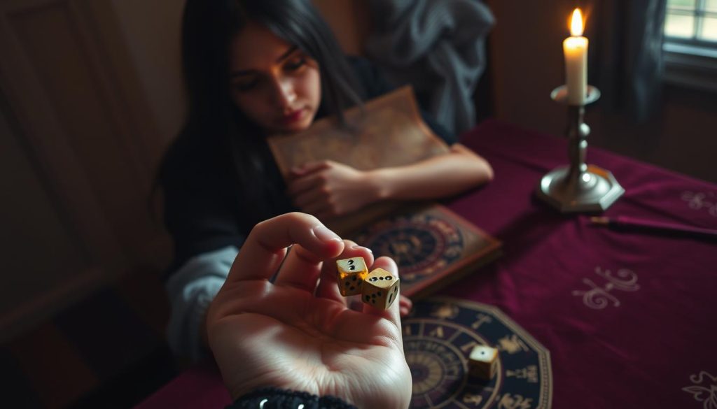 A dimly lit room, the air heavy with the scent of incense. A table covered in a rich, burgundy cloth, adorned with an ornate numerology chart, astrological symbols, and a single tapered candle flickering softly. In the foreground, a delicate hand holds a set of ancient-looking dice, ready to cast the numbers that will reveal the insights of the day. The subject's face is partially obscured, their expression one of deep contemplation as they prepare to divine the hidden meanings within the numerological patterns. The lighting is warm and atmospheric, creating an air of mystery and introspection. The overall scene evokes a sense of timelessness, where the present and the esoteric collide, offering a glimpse into the unseen forces that shape our lives.
