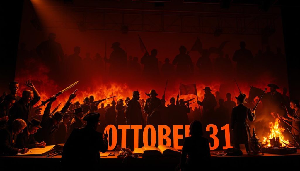 A dramatic and dynamic scene depicting major historical events on October 31st. In the foreground, a series of iconic moments come to life - the signing of important documents, the crowning of influential leaders, the unveiling of groundbreaking innovations. The middle ground showcases significant battles, protests, and discoveries, while the background features the silhouettes of significant figures from the past. Illuminated by warm, dramatic lighting, the overall composition conveys a sense of gravity and importance, reflecting the weight of the events portrayed. Captured with a wide-angle lens to provide a sweeping, cinematic perspective, the image evokes the gravitas and significance of this pivotal day in history.