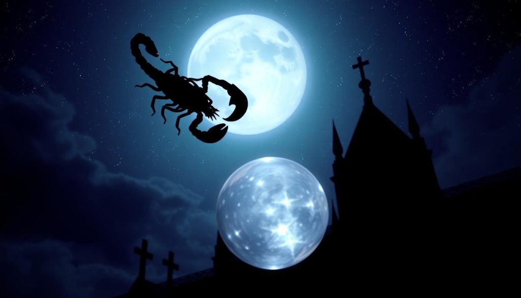 A dramatic, astrological scorpion soaring against a starry night sky, its stinger and claws silhouetted in bold relief. In the foreground, a mystical, crystal-like orb emits a soft, ethereal glow, hinting at the scorpion's celestial power. The middle ground features a shadowy, gothic architecture, infusing the scene with an air of mystery and the occult. Moonlight casts a haunting, chiaroscuro illumination across the entire composition, evoking the primal, otherworldly essence of the Scorpio zodiac sign.
