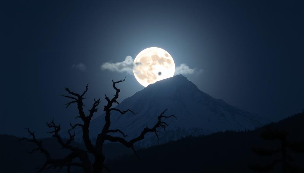 A dramatic full moon rises majestically over a serene, snow-capped mountain peak, casting a soft, ethereal glow across the landscape. In the foreground, a stand of ancient, gnarled pine trees silhouetted against the moonlit sky, their twisted branches reaching towards the celestial orb. The atmosphere is one of mysticism and contemplation, inviting the viewer to bask in the tranquil energy of this Capricorn moon. Subtle cloud wisps drift across the lunar surface, adding depth and movement to the scene. The composition is balanced and captivating, drawing the eye towards the powerful celestial presence that dominates the frame.