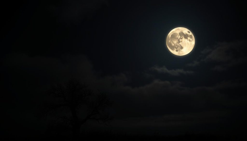 A dramatic night sky against a backdrop of inky darkness, the full moon casting a silvery glow over a mystic, moody landscape. The moon, a vibrant orb in the sign of Scorpio, its intense energy radiating throughout the scene. Wispy clouds drift across the sky, adding depth and atmosphere. In the foreground, a solitary tree, its branches reaching up towards the celestial body, symbolizing the deep emotional and intuitive powers of this lunar phase. Soft, warm lighting illuminates the scene, creating a serene, otherworldly ambiance. The overall mood is one of introspection, transformation, and the unseen forces that guide our lives.