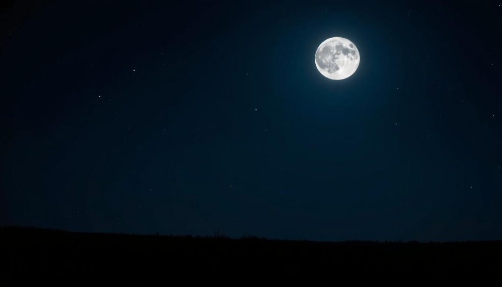 A dramatic night sky, the full moon large and luminous, casting a silvery glow over a serene landscape. In the foreground, a crescent-shaped silhouette of a mystical moon icon, its edges softly illuminated, casting an ethereal aura. The background is a deep indigo expanse, scattered with twinkling stars, hinting at the cosmic energy of the night. The overall mood is one of tranquility and heightened intuition, inviting the viewer to pause and attune to the lunar influence. Soft, diffused lighting creates a sense of depth and atmosphere, while a wide, cinematic angle captures the grandeur of the celestial scene.
