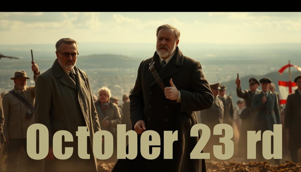 A dramatic scene depicting important historical events on October 23rd, with a cinematic, documentary-style aesthetic. In the foreground, figures representing key figures or moments in history are rendered in vivid detail, their expressions and gestures conveying the significance of the day. The middle ground features a panoramic landscape or cityscape, capturing the broader context and setting of the events. The background is illuminated by natural lighting, with a sense of atmosphere and depth that draws the viewer into the scene. The overall composition and visual style evoke a sense of gravitas and importance, befitting the subject matter.