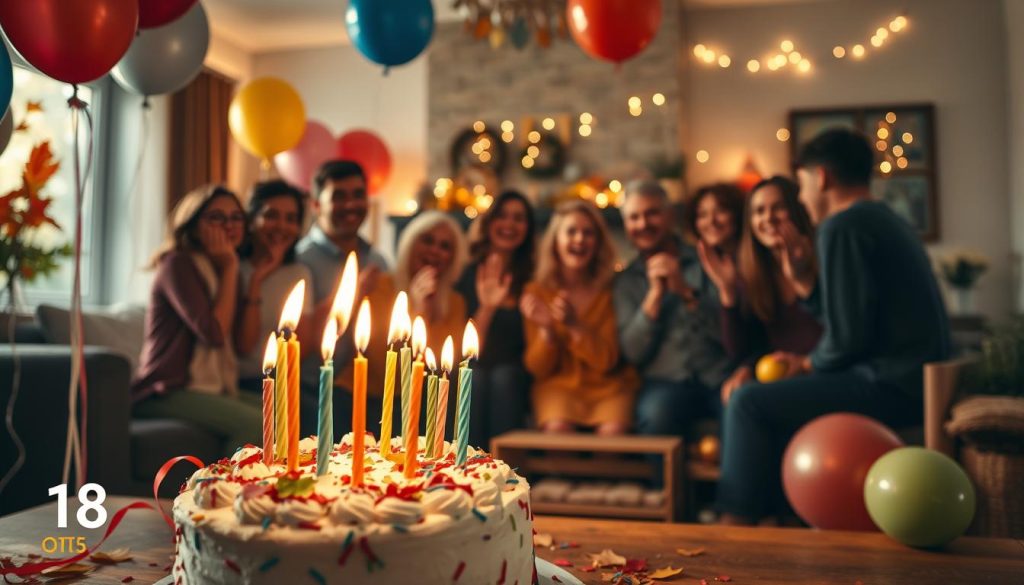 A festive celebration on a vibrant autumn day, 18th of October 2025. In the foreground, a large birthday cake with candles ablaze, surrounded by colorful balloons and streamers. The middle ground features a group of friends and family gathered around, smiling and cheering. In the background, a cozy living room setting, with a warm fireplace and twinkling fairy lights adding to the intimate, celebratory atmosphere. Soft, natural lighting illuminates the scene, highlighting the joy and anticipation of the occasion. The overall mood is one of togetherness, laughter, and the excitement of commemorating a special day.
