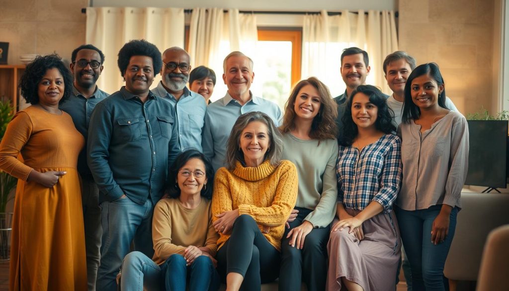 A group of diverse individuals representing a variety of ages, ethnicities, and genders, standing or sitting together in a warm, welcoming environment. The lighting is soft and natural, casting a cozy, thoughtful mood. The figures are posed in a way that suggests a sense of community, connection, and shared experiences. The composition is balanced and harmonious, drawing the viewer's eye to the central subjects. The background is slightly blurred, allowing the people to be the primary focus. An aura of positivity and celebration surrounds the scene, reflecting the idea of notable people and their shared traits.