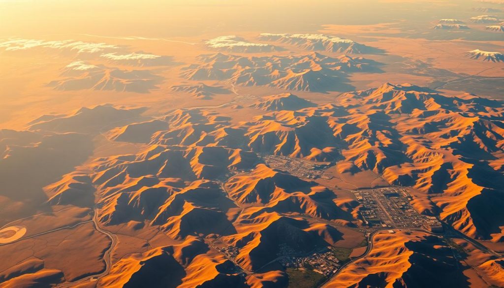 A high-altitude, panoramic view of the contiguous United States, bathed in warm, golden sunlight. The landscape unfolds in intricate detail, with sweeping mountain ranges, vast grasslands, winding rivers, and sprawling cities dotting the terrain. The image captures the diverse topography and vibrant colors that define the country, conveying a sense of grand scale and unity. The composition features a slightly elevated perspective, allowing the viewer to appreciate the interconnectedness of the nation's geography. The lighting is soft and diffused, creating a serene, contemplative atmosphere that evokes the calm and stability of the present day.