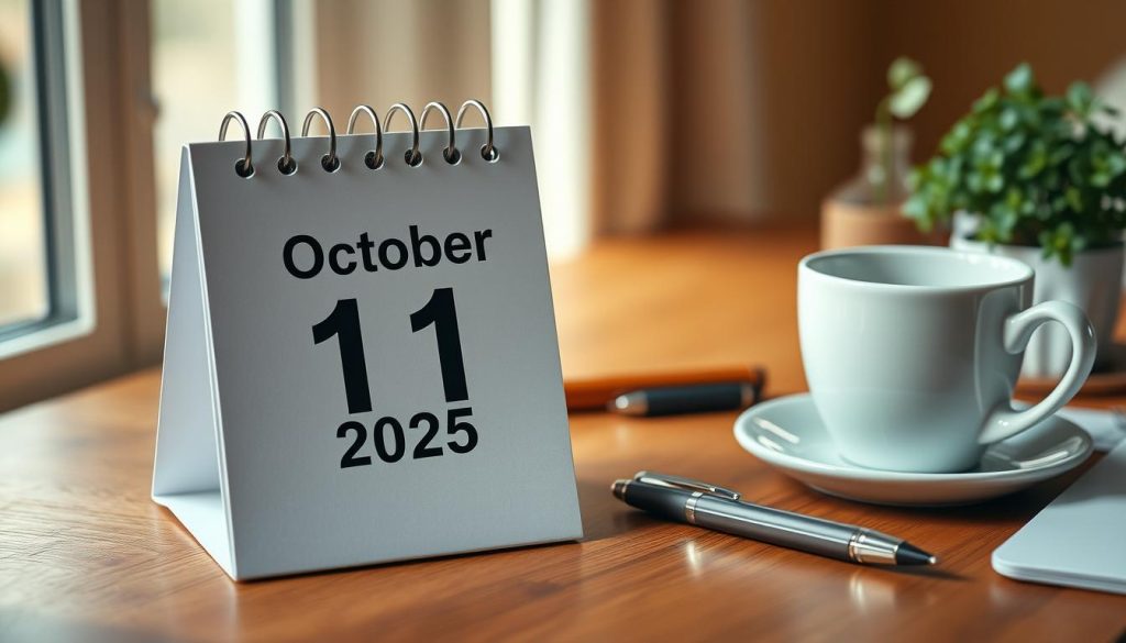 A high-resolution, detailed image of a desk calendar showing the date "October 11, 2025" in a clean, minimal design. The calendar is placed on a wooden desk, with a warm, natural lighting creating a cozy, inviting atmosphere. The focus is on the date, with the surrounding elements such as a pen, a cup of coffee, and a small plant creating a sense of everyday life and routine. The image conveys a sense of calm and simplicity, reflecting the importance of understanding the date format and what "today" means in the context of the article.