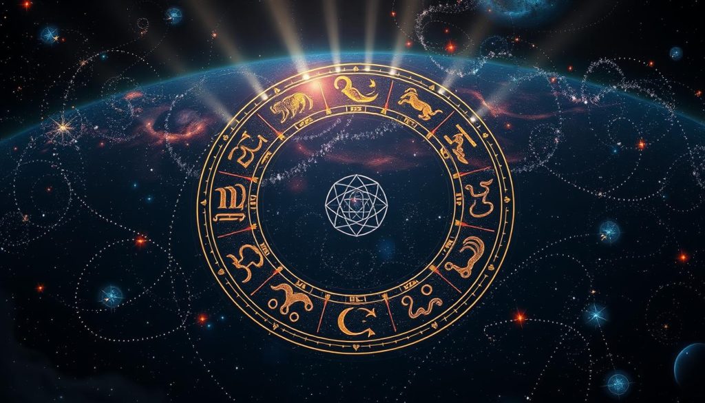 A highly detailed, hyperrealistic astrological illustration depicting the twelve zodiac signs. The foreground showcases the zodiac symbols arranged in a circular formation, each rendered with exquisite precision and a sense of mysticism. The middle ground features ethereal cosmic elements such as shimmering stars, nebulae, and celestial orbs, creating a mesmerizing, otherworldly atmosphere. The background is a vast, infinite space, shrouded in a deep, inky darkness punctuated by distant galaxies and glowing celestial bodies, evoking a profound sense of wonder and the vastness of the universe. The lighting is dramatic, with beams of soft, ethereal illumination emanating from the zodiac symbols and cosmic elements, casting intricate shadows and highlights. The overall composition is balanced and symmetrical, conveying a sense of harmony and the interconnectedness of the astrological system.
