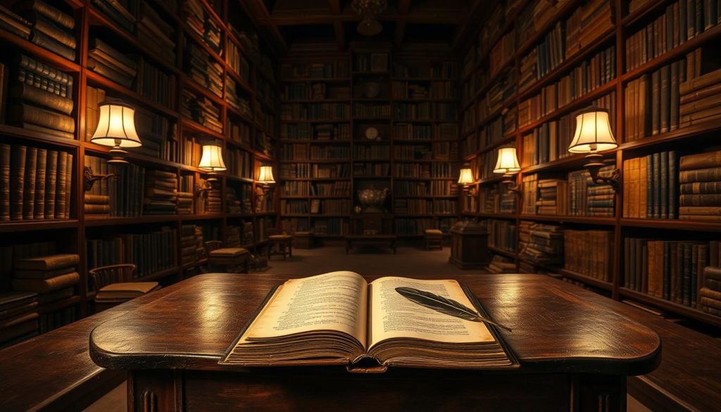 A historical archive room, dimly lit with warm, soft lighting from vintage lamps. Towering shelves of leather-bound books and yellowed documents fill the frame, casting long shadows. In the center, an elegant wooden table holds an open ledger, its pages weathered and time-worn. A quill pen lies beside it, suggesting a scholarly pursuit of knowledge from the past. The atmosphere is one of quiet contemplation, inviting the viewer to ponder the significance of this October 22 archival analysis.
