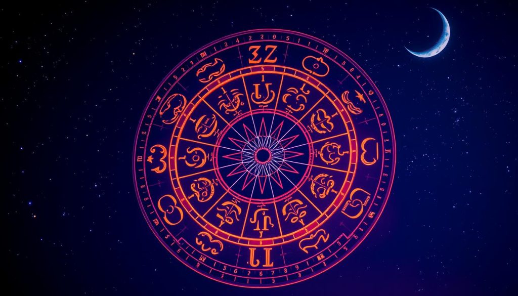 A horoscope wheel with intricate zodiac symbols, set against a starry night sky. The wheel is rendered in a vibrant, jewel-toned palette, with each astrological sign represented by its iconic glyph. The background features a deep indigo sky, dotted with twinkling stars and a crescent moon. The lighting is soft and atmospheric, creating a mystical and celestial ambiance. The overall composition is balanced and visually striking, capturing the essence of the astrological realm on the given date of October 2nd, 2025.