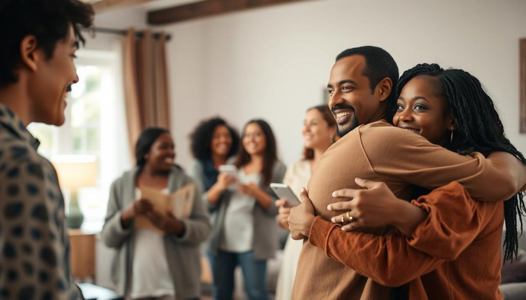 A joyful and intimate gathering of diverse individuals, connected through heartfelt conversations and genuine interactions. In the foreground, two people embrace, their expressions radiant with affection and understanding. The middle ground showcases a group of friends laughing and sharing stories, their body language open and inviting. In the background, a cozy, well-lit living room sets the scene, with soft lighting and warm hues that evoke a sense of comfort and belonging. The overall atmosphere is one of warmth, acceptance, and the cherished bonds that define meaningful relationships.