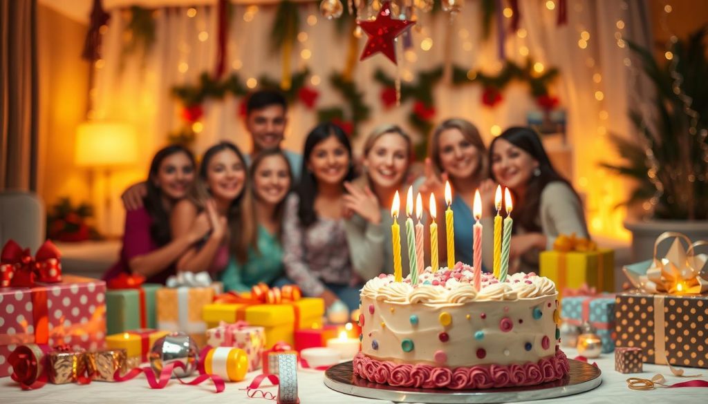 A lavish birthday celebration set against a warm, inviting backdrop. In the foreground, an elegant birthday cake adorned with flickering candles, surrounded by a scatter of colorful presents wrapped in shimmering paper. The middle ground features a group of cheerful people gathered around the table, their faces aglow with joy and anticipation. In the background, a softly lit room with hanging decorations and a cozy, festive atmosphere, evoking a sense of togetherness and celebration. Warm, diffused lighting casts a gentle glow over the entire scene, creating a mood of comfort and delight.