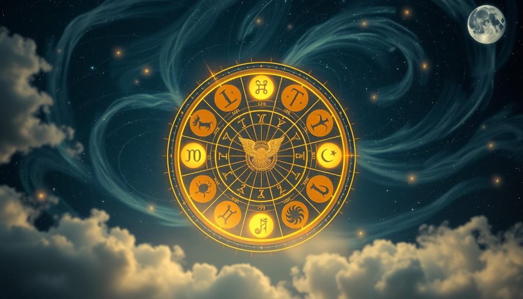 A lush, celestial landscape with a zodiac wheel taking center stage. The wheel is surrounded by glowing, ethereal orbs representing the twelve zodiac signs, each with its own distinct visual motif. The background is a swirling, starry night sky, with wispy clouds and subtle rays of moonlight casting a soft, mystical glow. The overall scene conveys a sense of tranquility, wisdom, and the interconnectedness of the cosmos. Crisp, high-resolution details throughout, with a cinematic, wide-angle lens perspective that draws the viewer into the divine, astrological realm.