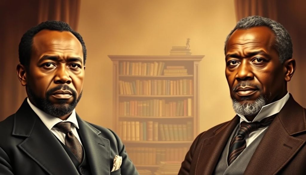 A meticulously detailed portrait of James Webb and William Still, two pioneering African American figures, set against a warm, sepia-toned backdrop. In the foreground, Webb and Still stand side by side, their expressions resolute and their postures commanding. The lighting is soft and diffused, casting gentle shadows that accentuate their dignified features. In the middle ground, a bookshelf filled with historical tomes and documents hints at their legacies as civil rights advocates and authors. The background is a hazy, atmospheric rendering of a bygone era, evoking a sense of timeless significance. The overall composition conveys the enduring impact of these visionary individuals who shaped the course of American history.