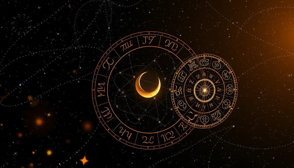 A mystical astrological illustration featuring a zodiac wheel against a starry night sky. In the foreground, intricate zodiac symbols and horoscope motifs float and shimmer, bathed in a warm, ethereal light. In the middle ground, a crescent moon and celestial bodies cast a serene, otherworldly glow. The background is a rich, inky black canvas punctuated by twinkling stars, creating a sense of cosmic depth and wonder. The composition evokes a sense of timelessness, divination, and the alluring mysteries of the universe. Render this scene with a detailed, high-resolution finish using a wide-angle lens to capture the grand, encompassing scope of the astrology theme.