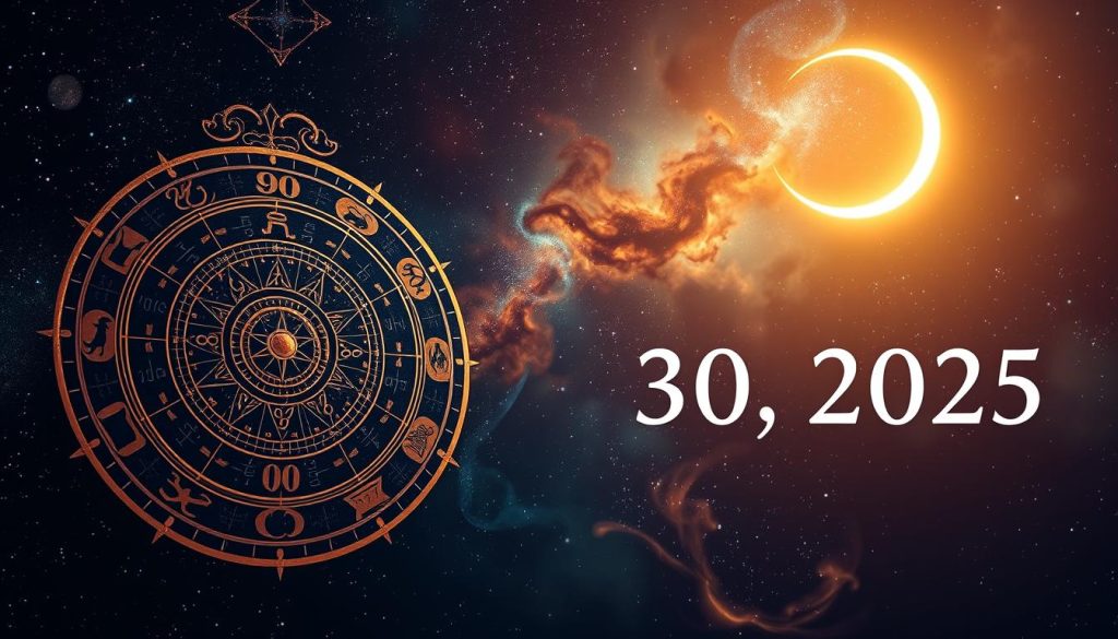 A mystical, astrological scene depicting horoscopes on October 30, 2025. The foreground features a celestial zodiac wheel with intricate symbols and celestial bodies, hinting at the cosmic forces at play. The middle ground showcases a starry night sky with swirling galaxies and nebulae, creating a sense of otherworldly wonder. In the background, a glowing crescent moon casts a soft, ethereal light, adding to the mystical ambiance. The lighting is a mix of warm and cool tones, creating depth and drama. The overall composition is balanced and visually captivating, drawing the viewer into the mysterious realm of astrology and the calendar date.