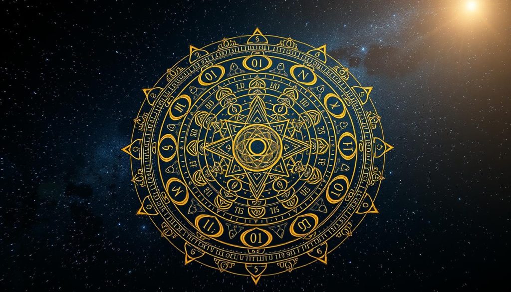 A numerological mandala against a starry night sky, illuminated by a soft, ethereal light. The intricate patterns and symbols dance across the canvas, representing the mystical connections between numbers, cosmic forces, and the human experience. Layered with depth and texture, the image evokes a sense of ancient wisdom and the esoteric knowledge hidden within the numbers. The foreground showcases the central numerological icon, surrounded by a spectrum of numerological symbology, while the background features a starry night sky, suggesting the celestial origins of this profound science. The overall atmosphere is one of mystery, wonder, and a deep connection to the universal rhythms that govern our lives.