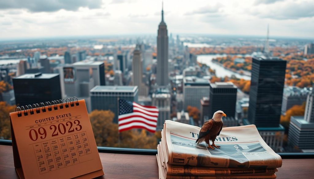 A panoramic view of October 29, 2025 in the United States, captured with a wide-angle lens. The foreground features a desk calendar and a stack of newspapers highlighting key historical events, birthdays, and holidays. The middle ground showcases an American flag, a bald eagle, and a symbolic representation of the nation's progress. The background depicts a cityscape with skyscrapers, bustling streets, and a vibrant autumn landscape. The lighting is warm and inviting, creating a sense of nostalgia and national pride. The overall composition conveys the significance and richness of this particular date in American history.