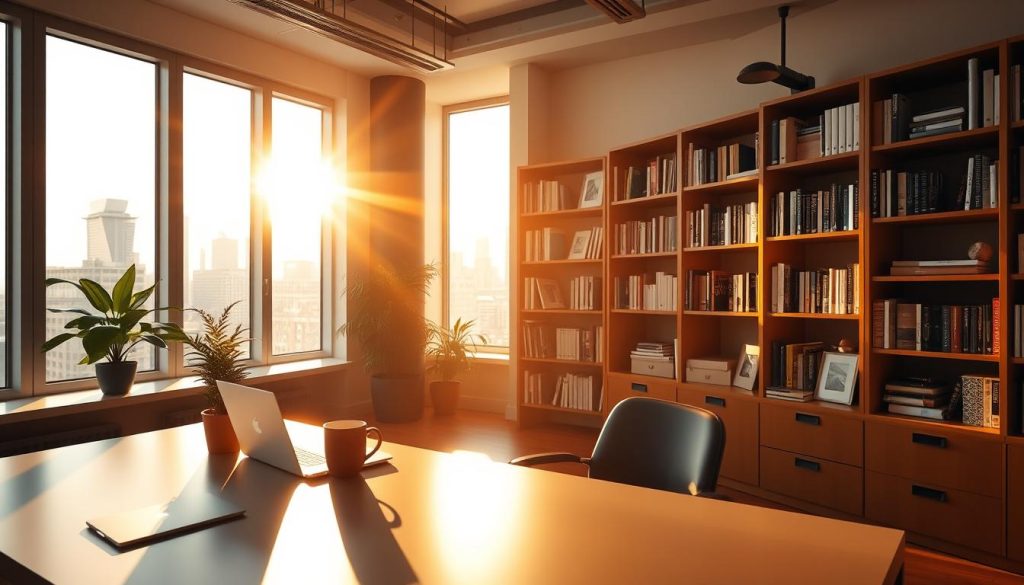 A professional, well-organized office space bathed in warm, natural lighting. The foreground features a sleek, minimalist desk with a laptop, coffee mug, and a small potted plant. In the middle ground, bookshelves line the walls, housing an array of neatly organized books and work-related mementos. The background showcases large windows overlooking a cityscape, with the sun's rays filtering in and creating a serene, productive atmosphere. The overall mood is one of focus, ambition, and a sense of accomplishment, reflecting the "work, goals, and achievements" theme.