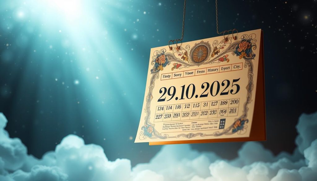 A richly detailed calendar page floating in a serene, ethereal space, illuminated by soft, diffused lighting. The calendar is displayed prominently, showcasing the date "29.10.2025" surrounded by intricate floral and celestial motifs, representing the horoscopes and historical events of the day. In the foreground, delicate, translucent overlays hint at the personages born on this date, their silhouettes gently emerging. The background is a dreamlike, starry expanse, evoking a sense of timelessness and the mysteries of the universe. The composition is balanced and harmonious, inviting the viewer to explore the significance of this particular day in history.