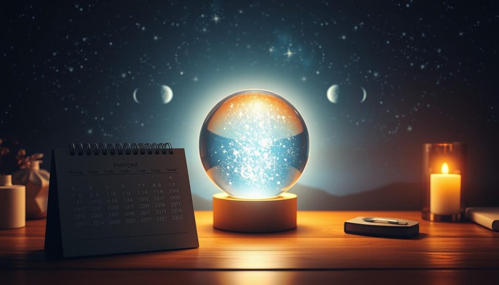 A serene and contemplative scene of a year forecast, illuminated by a soft, warm glow. In the foreground, a minimalist calendar with each month's zodiac symbol adorns a wooden desk, hinting at the astrological insights to come. The middle ground features a crystal ball reflecting a shimmering vision of the year ahead, casting an ethereal light across the scene. In the background, a starry night sky with phases of the moon provides a mystical backdrop, suggesting the cyclical nature of time and the interconnectedness of the celestial and earthly realms. The overall atmosphere is one of introspection, planning, and a sense of hopeful anticipation for the year to unfold.