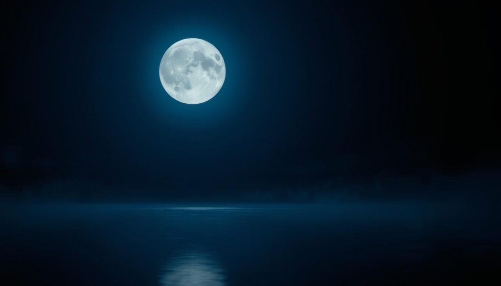 A serene and ethereal full moon rises majestically against a deep indigo sky, its luminous glow casting a soft, silvery sheen across a tranquil landscape. The moon's craters and contours are rendered in intricate detail, as if observed through the lens of a powerful telescope. A gentle breeze blows through the scene, creating a sense of quiet contemplation and a palpable atmosphere of calm. In the foreground, the moon's reflection shimmers on a placid lake, creating a mirror-like effect that blurs the boundary between earth and sky. The overall mood is one of wonder, introspection, and a connection to the natural rhythms of the universe.