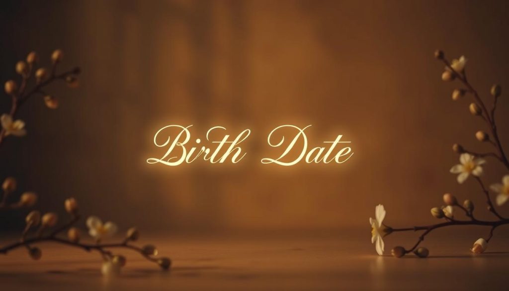 A serene and intimate scene of a person's birth date, centered in the frame. The date is displayed in elegant calligraphy, with a soft glow emanating from the numbers. In the background, a muted color palette of warm, earthy tones sets a contemplative mood, evoking a sense of personal reflection. Delicate floral accents frame the date, symbolizing the beauty and fragility of life. Soft lighting casts gentle shadows, creating a sense of depth and dimension. The composition is balanced and harmonious, inviting the viewer to pause and consider the significance of this particular day.