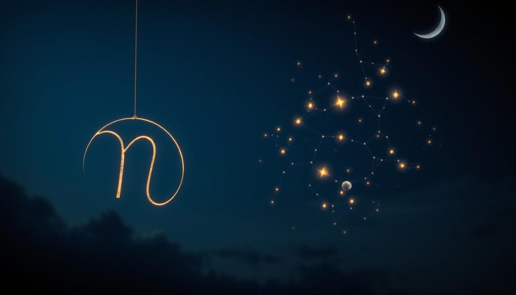 A serene and mystical astrology-themed composition. In the foreground, an astrological symbol made of delicate gold lines hovers against a dark backdrop, casting a soft glow. The middle ground features a constellation of glowing celestial bodies - stars, planets, and distant galaxies - arranged in a harmonious pattern. The background is a deep, velvety indigo sky with subtle clouds and a crescent moon peeking through. The lighting is dramatic, creating depth and a sense of ethereal, otherworldly energy. The overall atmosphere is one of guidance, mystery, and the timeless wisdom of the cosmos.