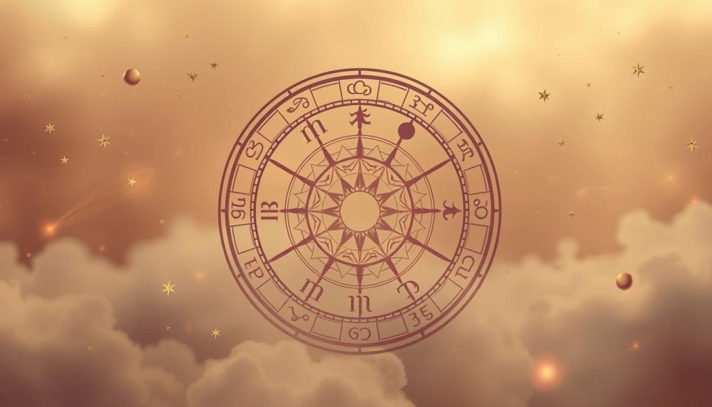 A serene astrological scene unfolds, centered on an elegant zodiac wheel against a soft, ethereal backdrop. The wheel's symbols are rendered in intricate detail, each sign distinct and radiating a subtle glow. Delicate celestial motifs, such as stars, moons, and planetary orbs, float gracefully in the periphery, creating a sense of cosmic harmony. Warm, diffused lighting bathes the composition, evoking a tranquil, mystical atmosphere. The overall aesthetic is sophisticated, inviting the viewer to immerse themselves in the daily divinations of the stars.