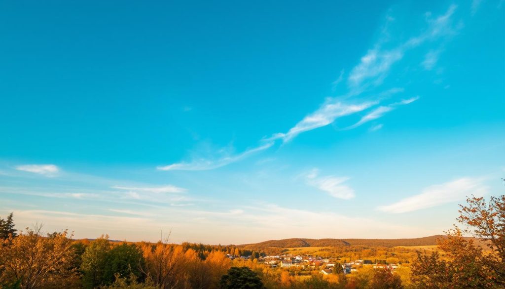 A serene autumn day, with a clear blue sky and wispy clouds. In the foreground, a lush, verdant landscape dotted with golden leaves, capturing the essence of the season. In the middle ground, a quaint village nestled between rolling hills, its charming architecture and peaceful streets hinting at the history and culture of the region. The warm, natural lighting casts a soft, inviting glow over the entire scene, creating a sense of tranquility and timelessness. Subtle details, like the rustling of leaves and the gentle flow of a nearby stream, add to the atmospheric ambiance. This image perfectly encapsulates the spirit of "what day is today in history, who was born, whose day, horoscopes 06.10.2025."