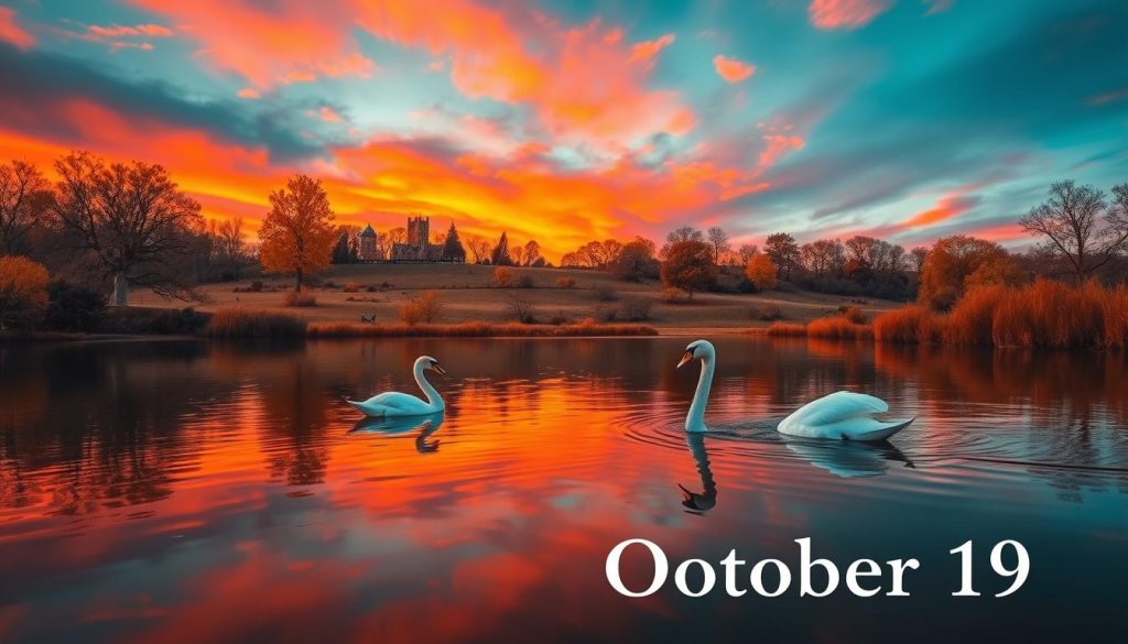 A serene autumn landscape on October 19th, with a vibrant orange-red sunset sky casting warm hues over a tranquil pond. In the foreground, a graceful swan glides across the still water, its reflection mirrored in the glassy surface. The middle ground features a gently rolling hill dotted with a scattering of golden-leaved trees, their branches swaying in a light breeze. In the distance, a historic manor house nestled among the foliage, its stately architecture bathed in the fading daylight. The overall scene conveys a sense of timelessness and peaceful contemplation, evoking the essence of this particular day in history.