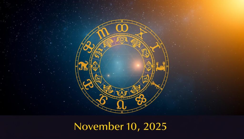 A serene celestial setting with a vibrant zodiac circle taking center stage. The zodiac symbols are elegantly rendered in shimmering gold, each sign radiating its unique energy. The background features a deep indigo sky speckled with twinkling stars, creating a sense of cosmic wonder. Soft, diffused lighting gently illuminates the scene, casting a warm, meditative ambiance. The composition is balanced, drawing the viewer's eye to the captivating zodiac elements. This image evokes the essence of the daily astrological snapshot, inviting the viewer to connect with the mystical rhythms of the universe on November 10th, 2025.