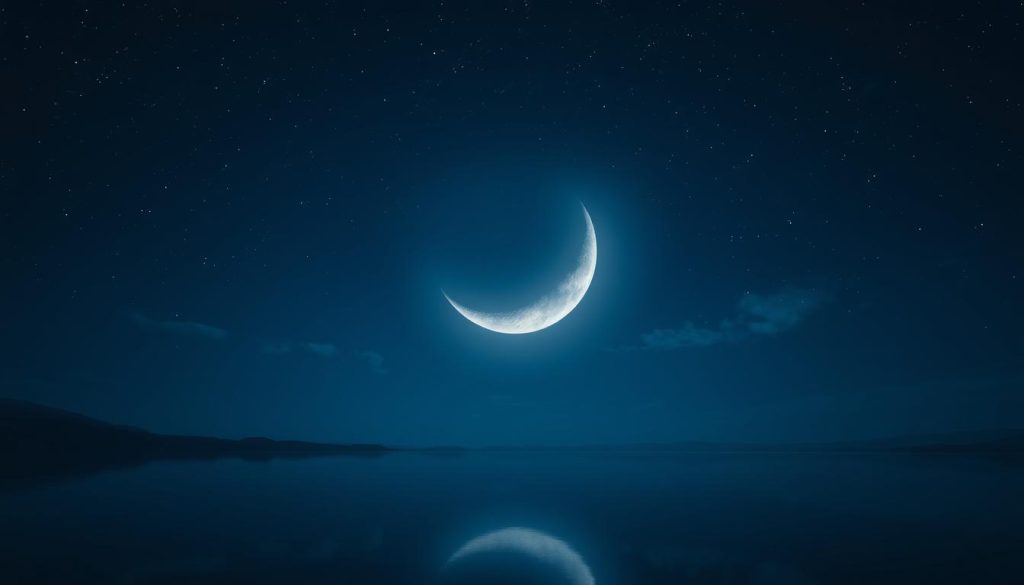A serene, crescent-shaped moon hangs in a starry, indigo-hued night sky, casting a gentle, ethereal glow over the landscape below. The moon's surface is detailed with delicate craters and ridges, illuminated by soft, diffused lighting. In the foreground, a tranquil lake reflects the moon's radiant image, creating a mesmerizing mirrored effect. Wispy clouds drift lazily across the scene, adding to the peaceful, contemplative atmosphere. The overall mood is one of quiet wonder and timeless beauty, perfectly capturing the essence of this historic day.