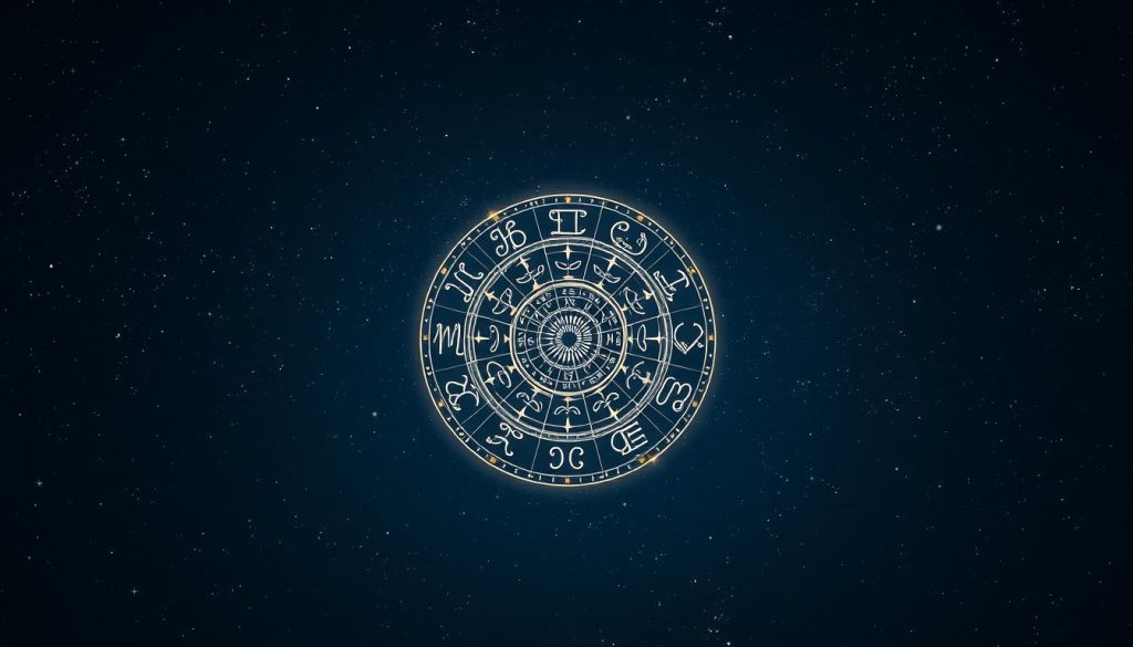 A serene, ethereal scene depicting the zodiac signs against a starry night sky. In the foreground, a central horoscope wheel floats, its intricate symbols and celestial patterns glowing with a soft, otherworldly light. The middle ground features the twelve zodiac signs, each represented by its iconic constellation, arrayed around the horoscope wheel. The background is a deep, velvety night sky, dotted with twinkling stars and the hazy shapes of distant galaxies. Soft, diffused lighting casts a gentle, mystical ambiance over the entire composition. The overall mood is one of contemplation, guidance, and the divine mysteries of the cosmos.