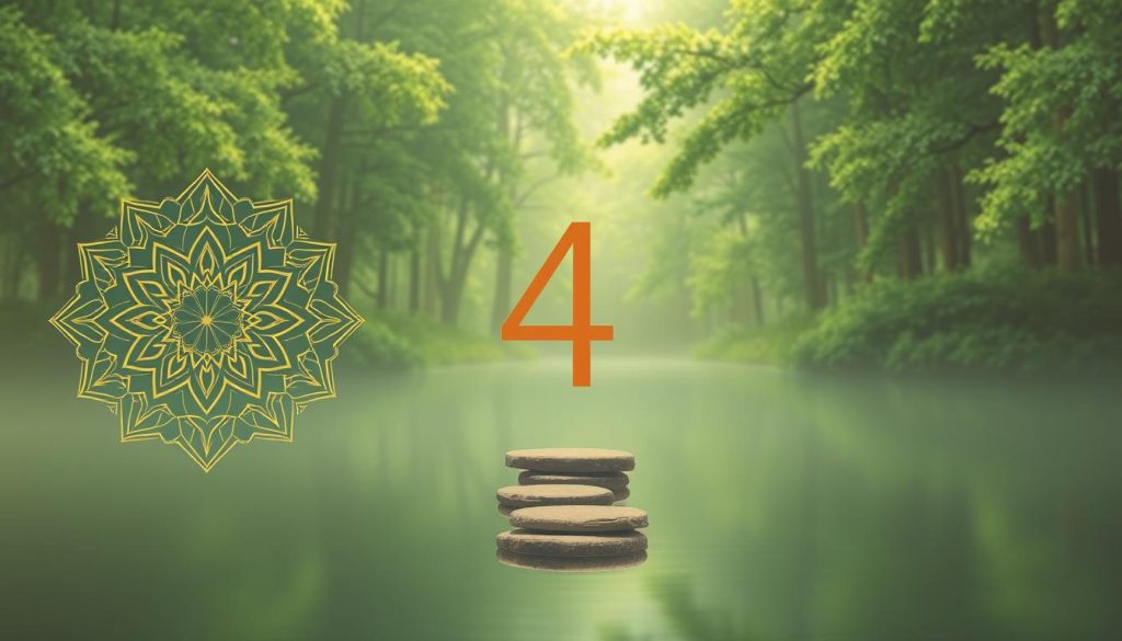 A serene, minimalist illustration of the numerology year number four. In the foreground, a delicate mandala pattern in shades of warm earth tones, symbolizing stability and balance. The middle ground features a tranquil pond reflecting the mandala, with a handful of stepping stones leading towards the background. In the distance, a lush forest canopy in verdant greens, hinting at growth and renewal. The lighting is soft and diffuse, creating a calming, meditative atmosphere. The overall composition conveys the themes of grounding, practicality, and steady progress associated with the numerology year four.