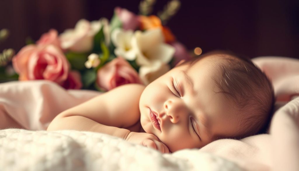 A serene scene of a newborn baby sleeping peacefully, surrounded by soft fabrics and warm lighting. The infant's delicate features are highlighted, capturing the wonder and innocence of a fresh life. In the background, a beautiful floral arrangement adds a touch of elegance, symbolizing the birth and the beginning of a new journey. The composition is balanced, with a focus on the baby's face and a dreamlike atmosphere that evokes a sense of joy and celebration. The lighting is gentle, creating a cozy and intimate setting that showcases the beauty of the newborn's birth.